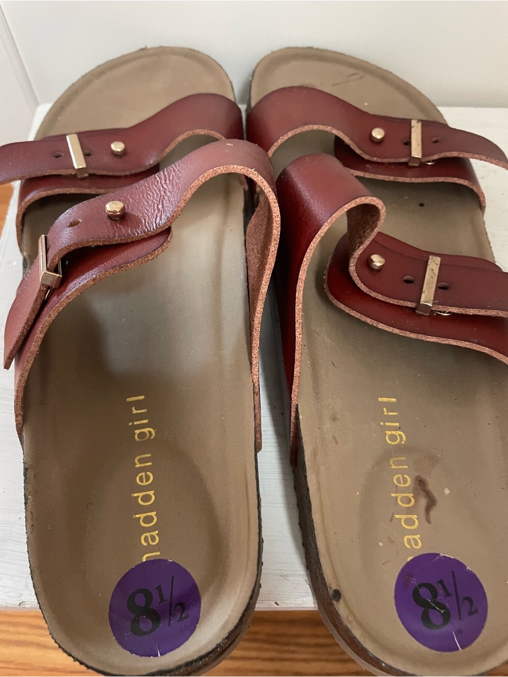 Madden Girl Red-Brown Double Strap Slide Sandals - Picture 2 of 4
